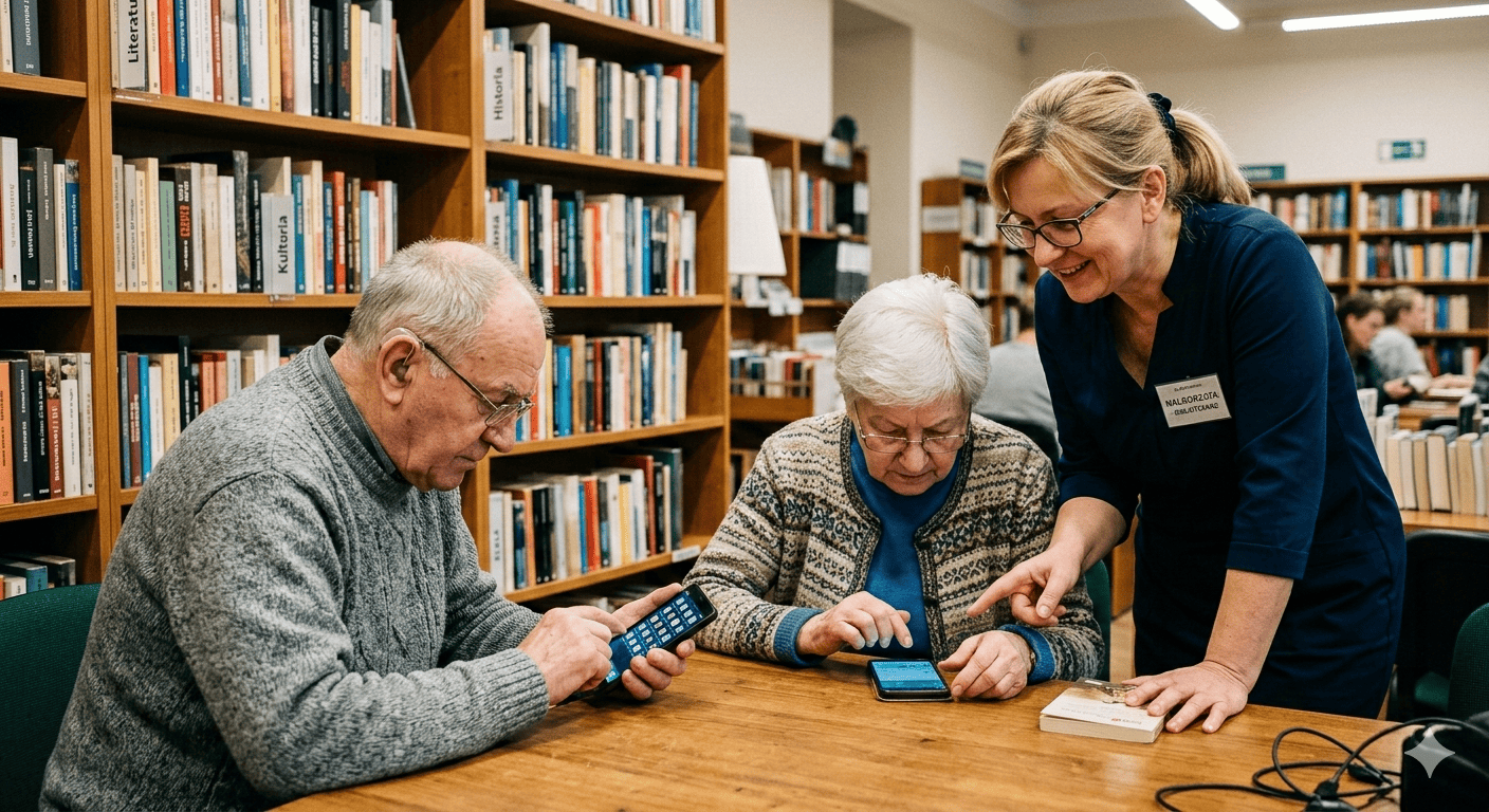 Three people around a table in a library for library living labs