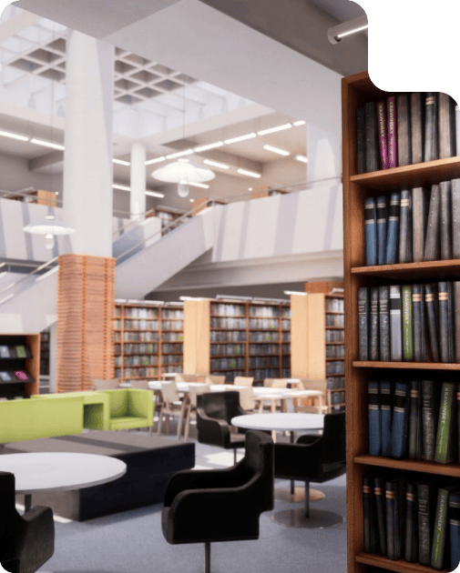 Modern library interior with study furniture, full bookshelves, and multi-level contemporary architecture.
